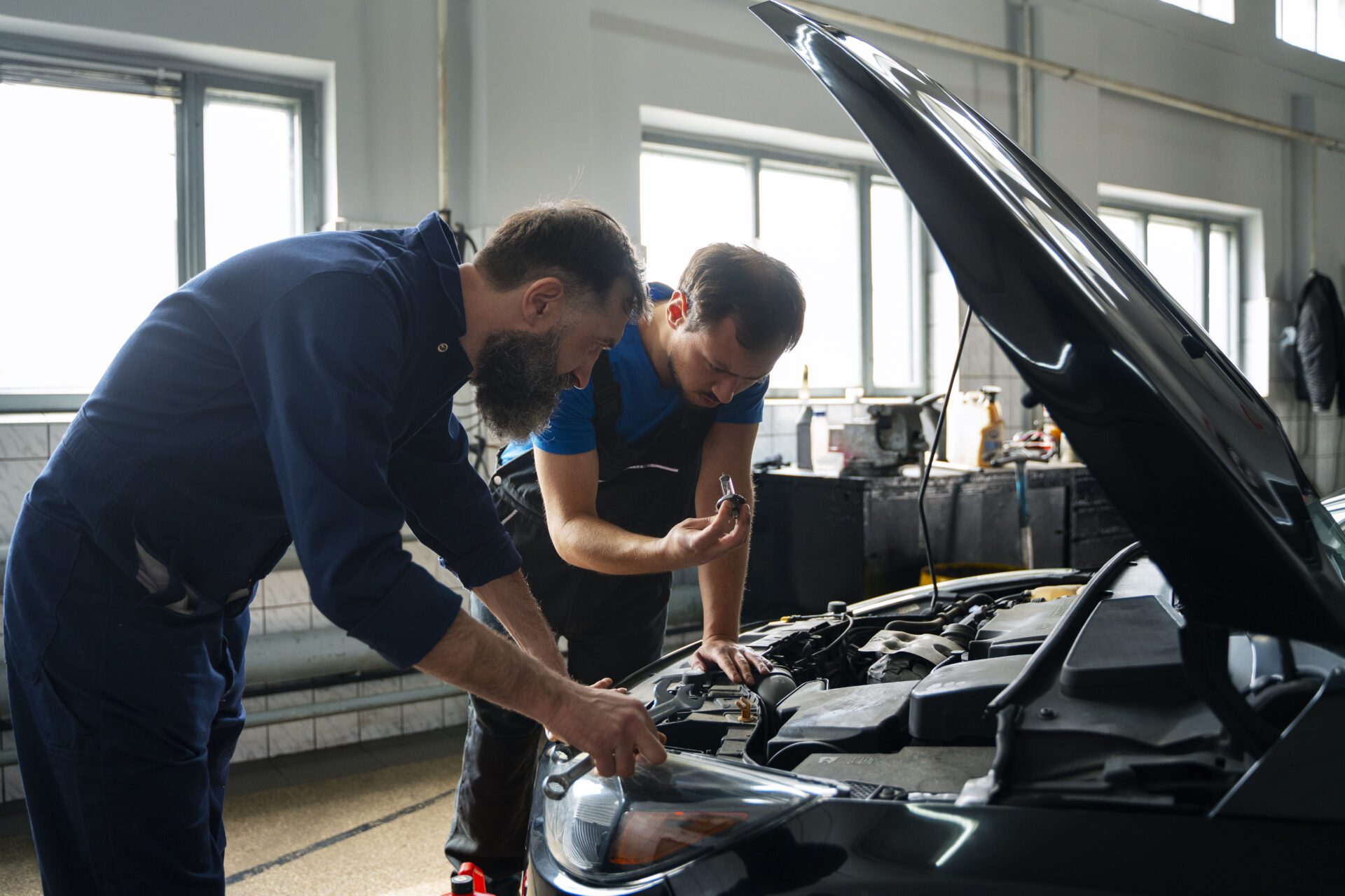 Male mechanics working together on car in the shop