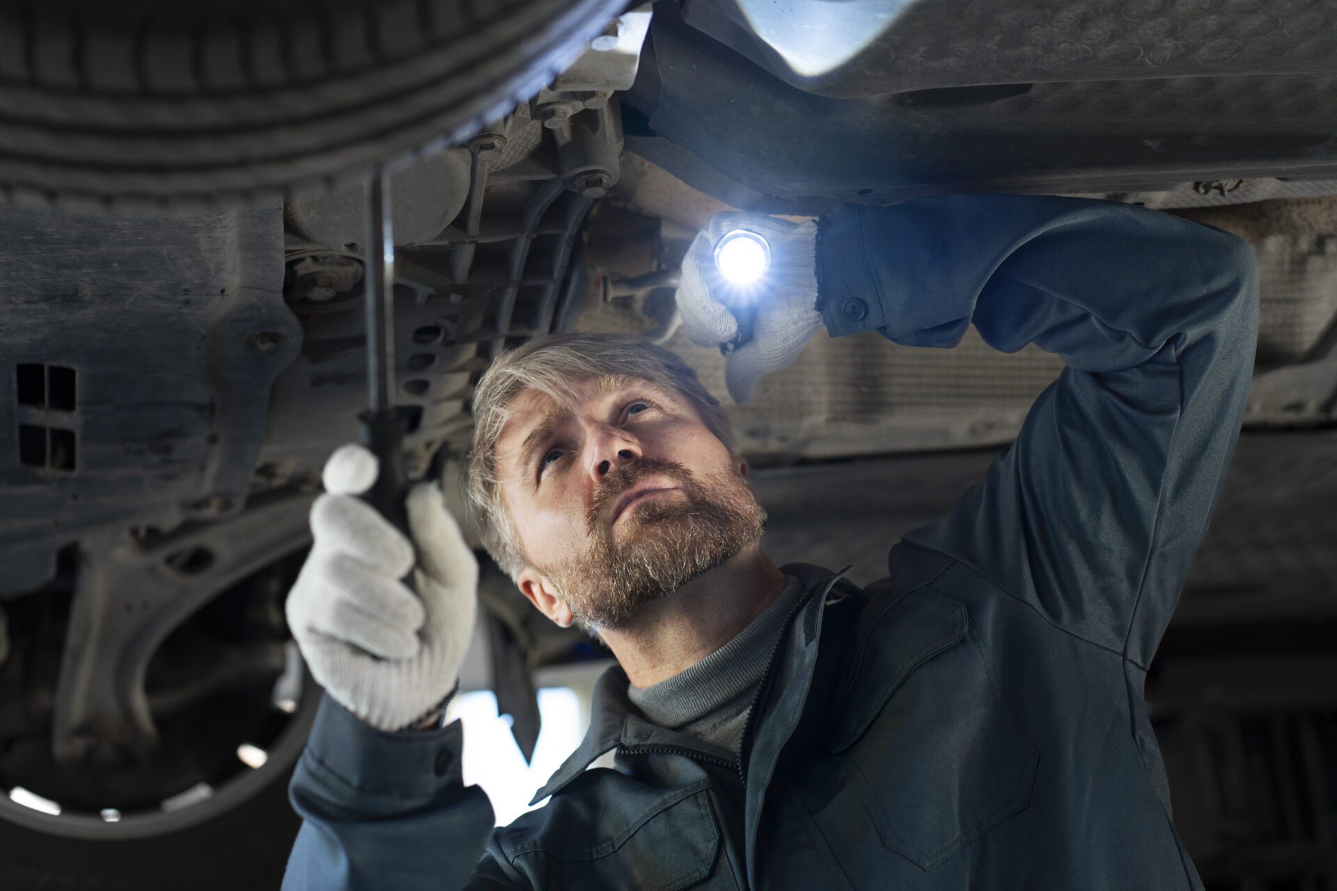 Top view man repairing car